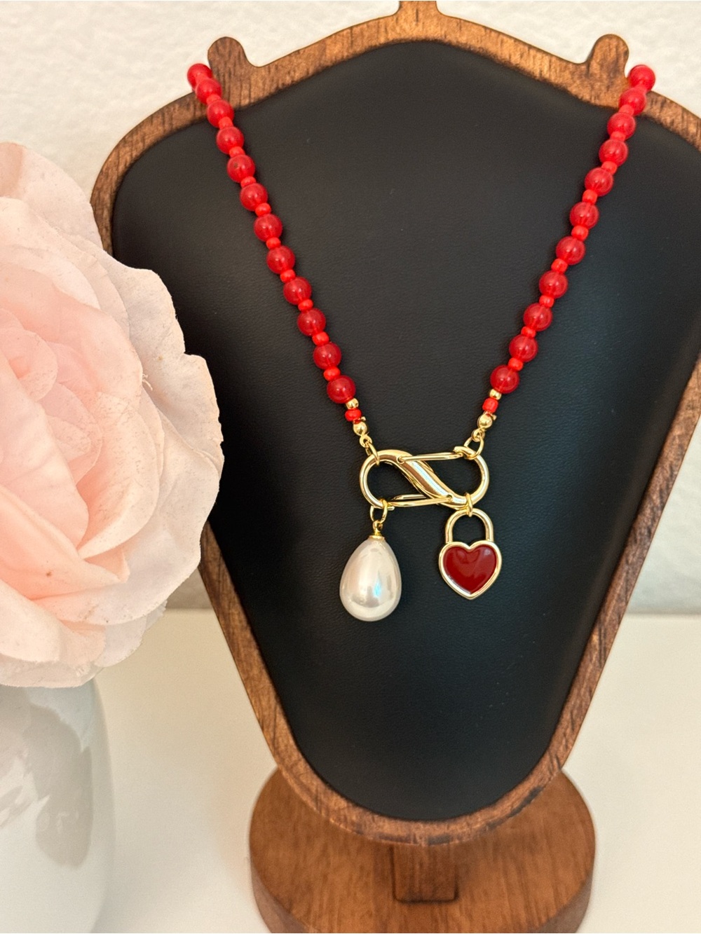 Mayamar Brass Red Bead Necklace Pearl & Red Heart Padlock Charm NWT MM-01454